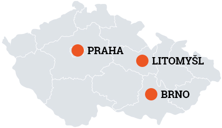 Mapa České republiky s vyznačenými lokalitami Praha, Brno a Litomyšl